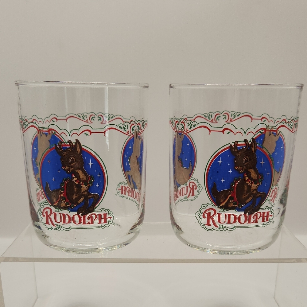 Vintage Libbey Rudolph The Red Nosed Reindeer Drinking Glass Set Of 2